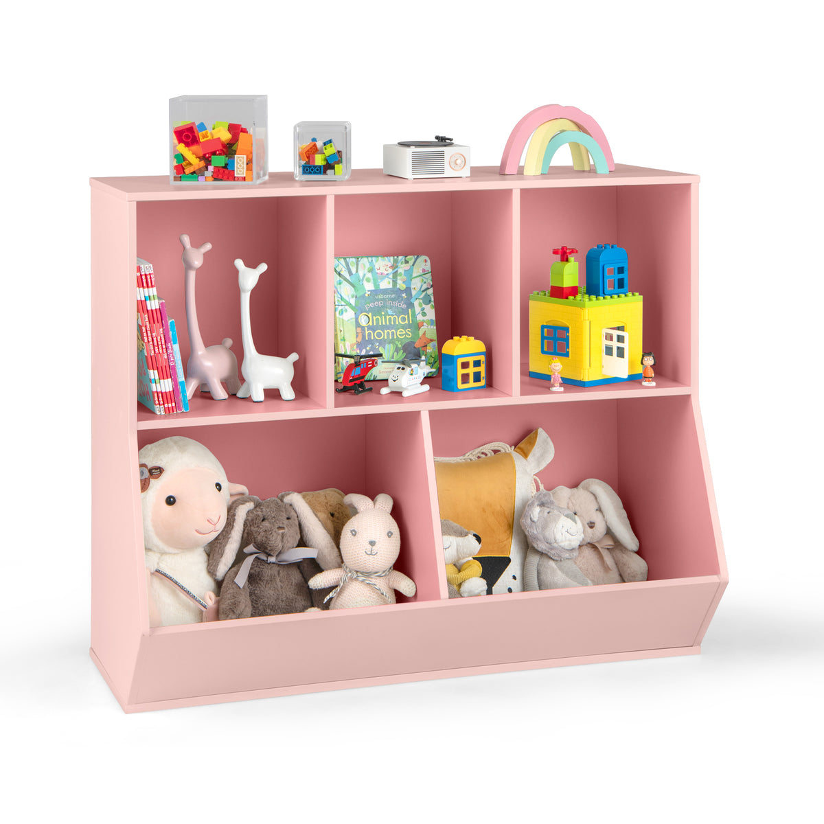 Wooden 5-Cube Kids Toy Storage Organizer Pink with Anti-Tipping Kits