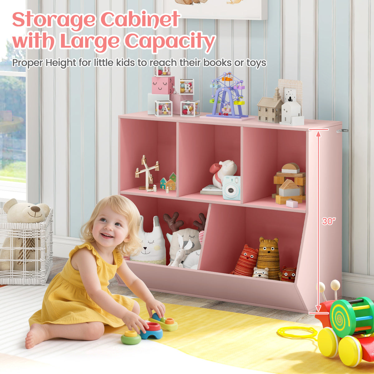 Wooden 5-Cube Kids Toy Storage Organizer Pink with Anti-Tipping Kits