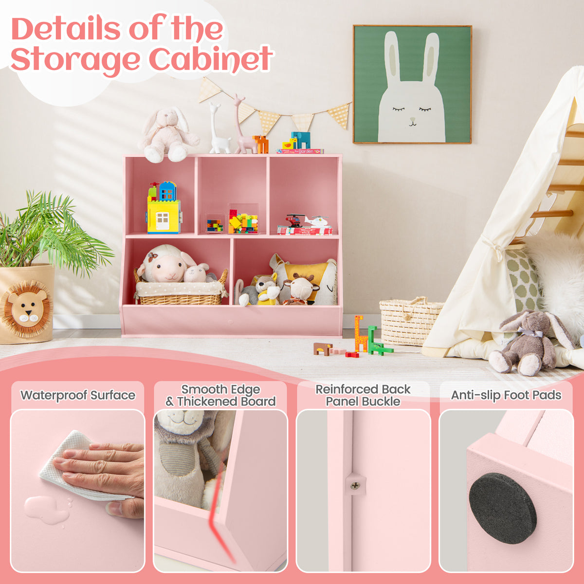 Wooden 5-Cube Kids Toy Storage Organizer Pink with Anti-Tipping Kits