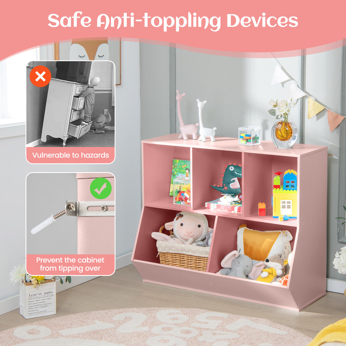 Wooden 5-Cube Kids Toy Storage Organizer Pink with Anti-Tipping Kits