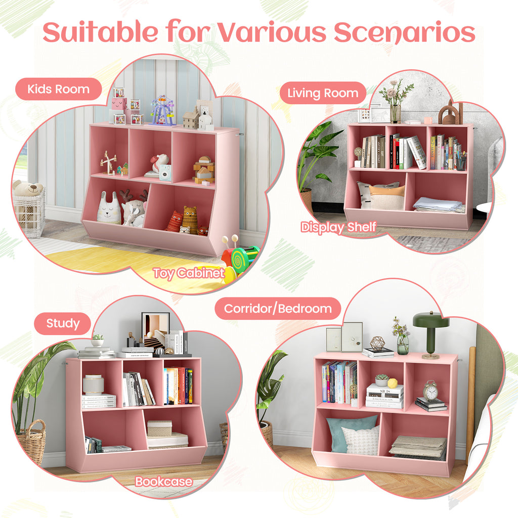 Wooden 5-Cube Kids Toy Storage Organizer Pink with Anti-Tipping Kits