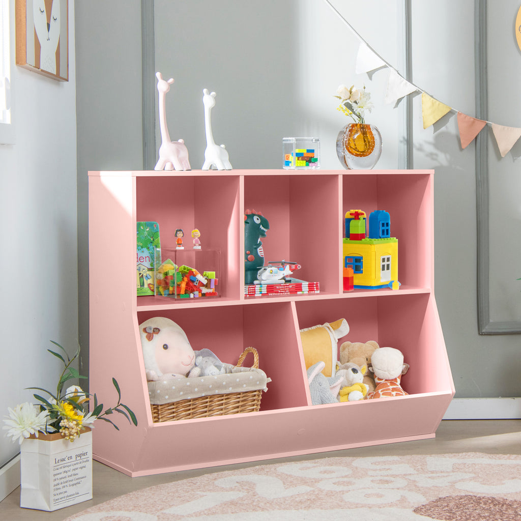 Wooden 5-Cube Kids Toy Storage Organizer Pink with Anti-Tipping Kits