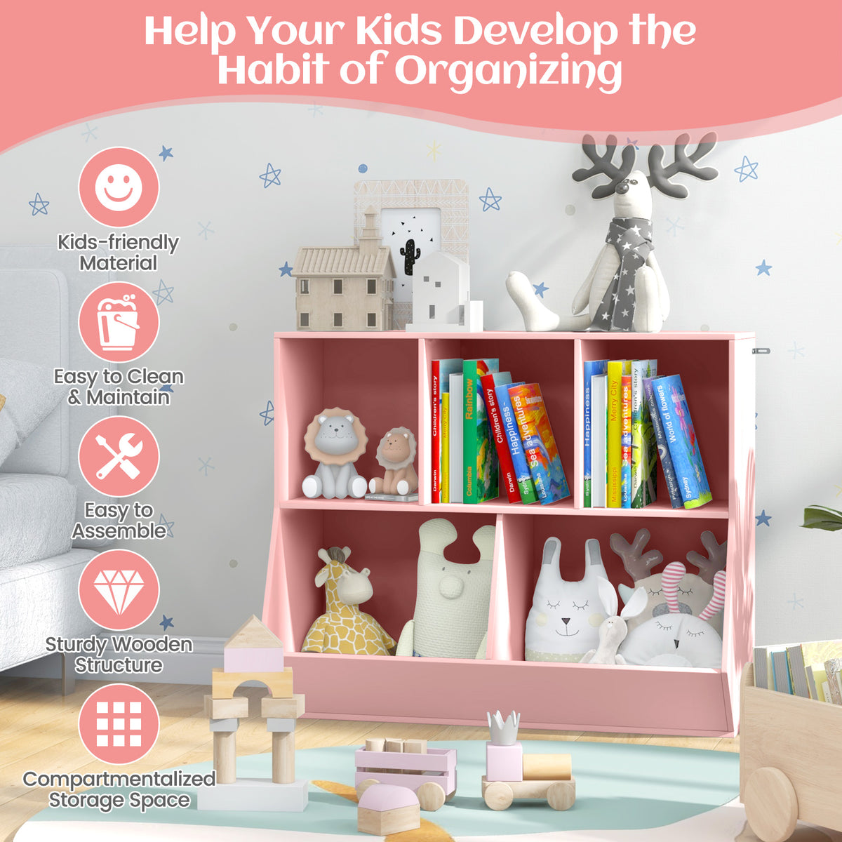 Wooden 5-Cube Kids Toy Storage Organizer Pink with Anti-Tipping Kits