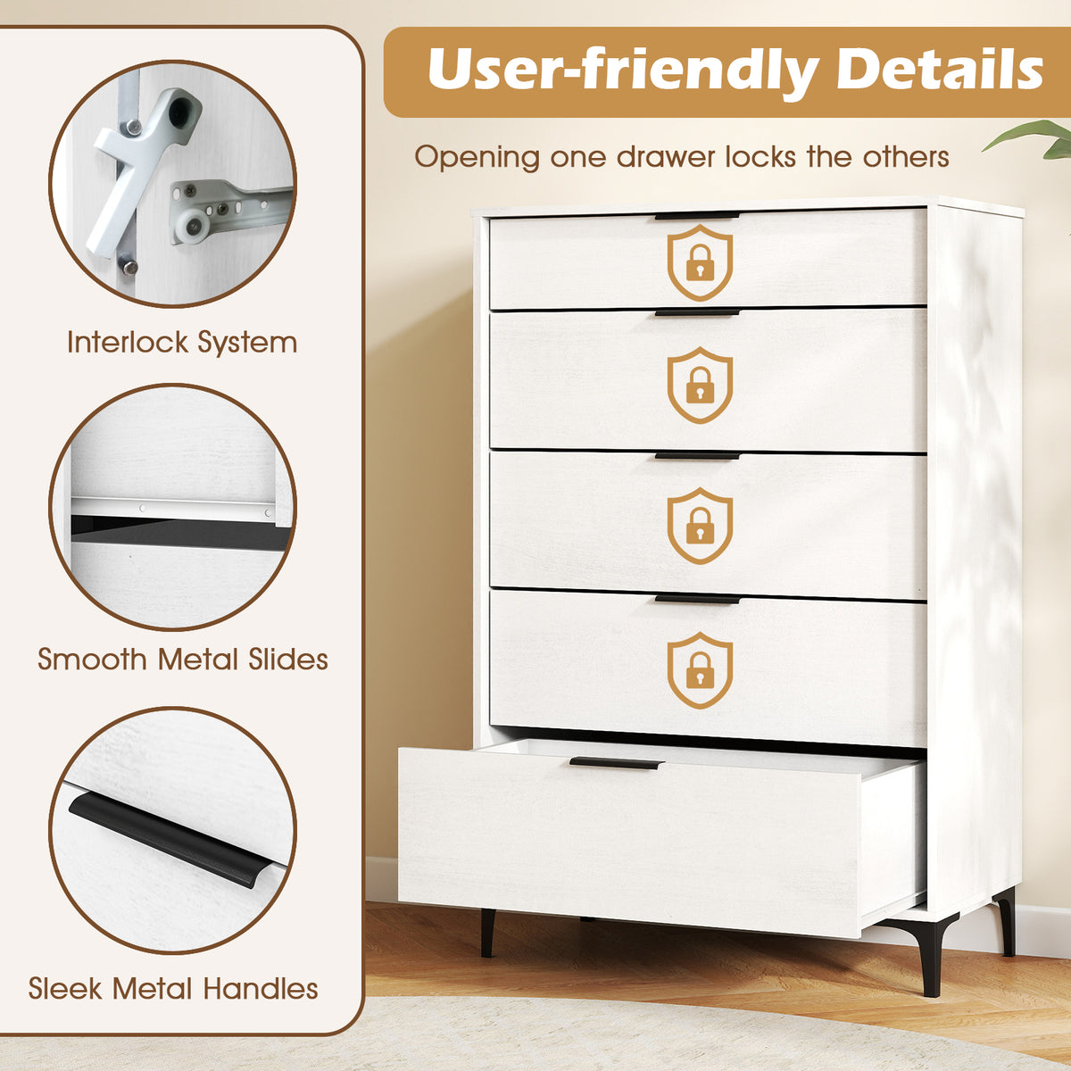 5-Drawer Dresser with Interlock System, White