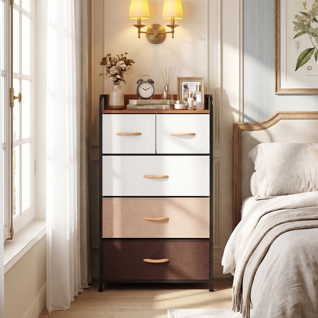 5-Drawer Fabric Dresser with Removable Bins, Multicolor