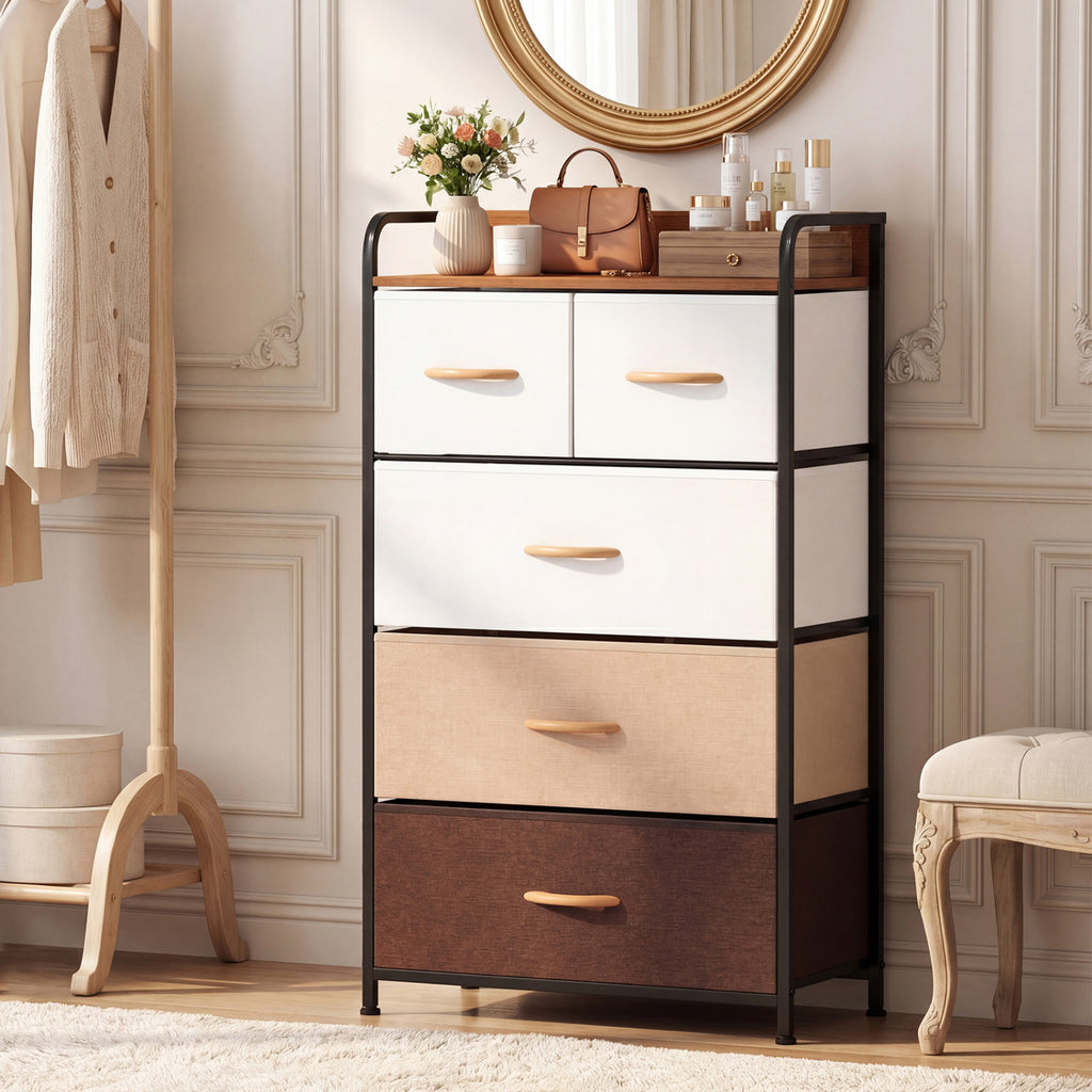 5-Drawer Fabric Dresser with Removable Bins, Multicolor