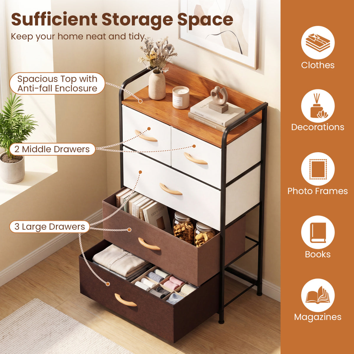 5-Drawer Fabric Dresser with Removable Bins, Multicolor