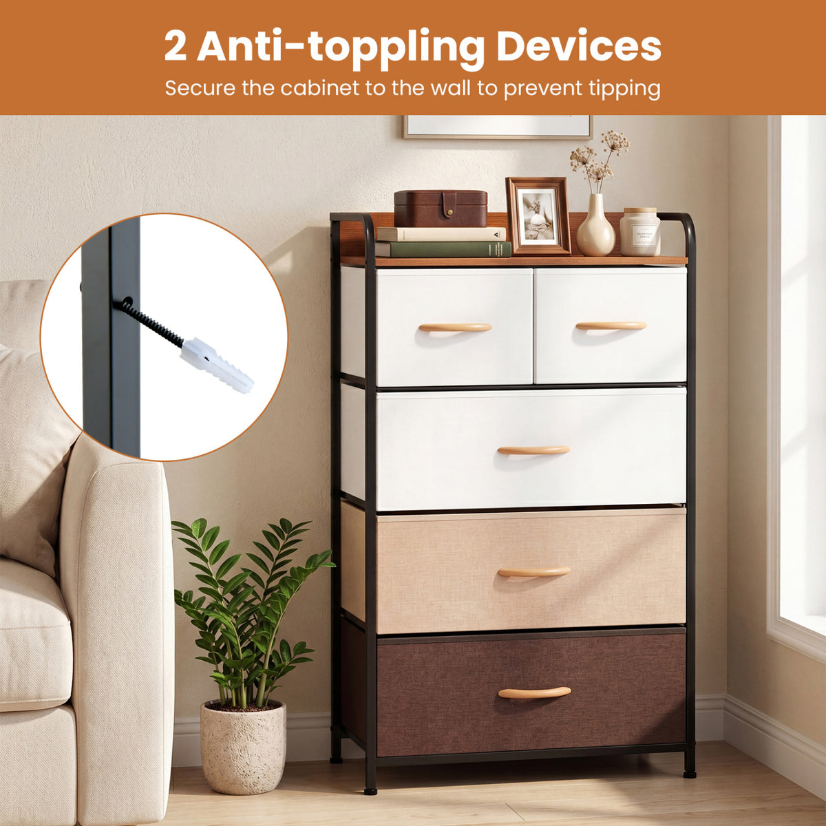 5-Drawer Fabric Dresser with Removable Bins, Multicolor