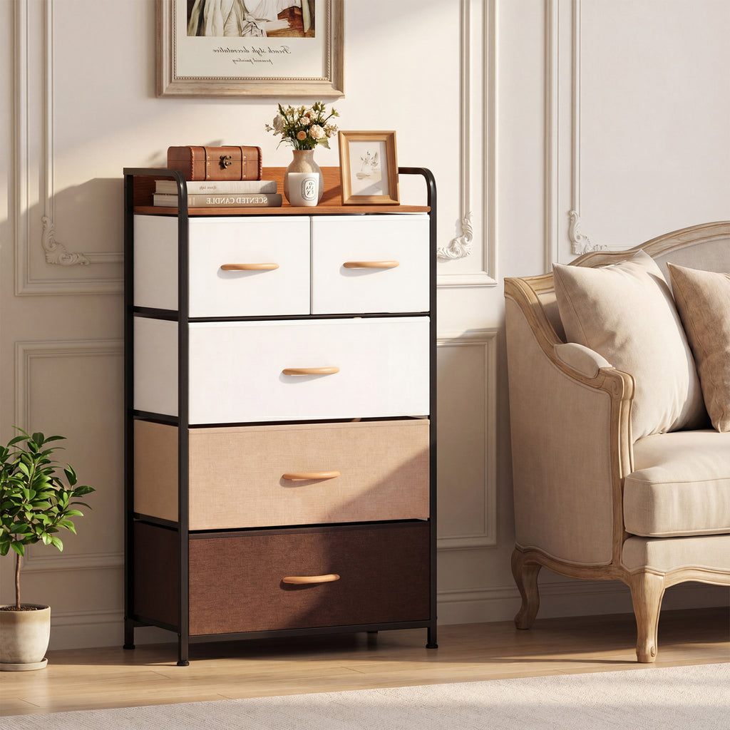 5-Drawer Fabric Dresser with Removable Bins, Multicolor