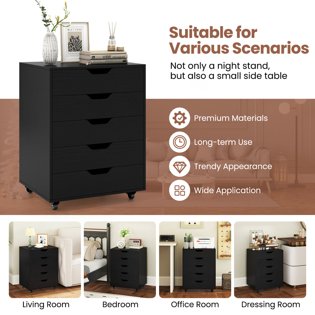 5 Drawer Mobile File Cabinet with Wheels for Living Room