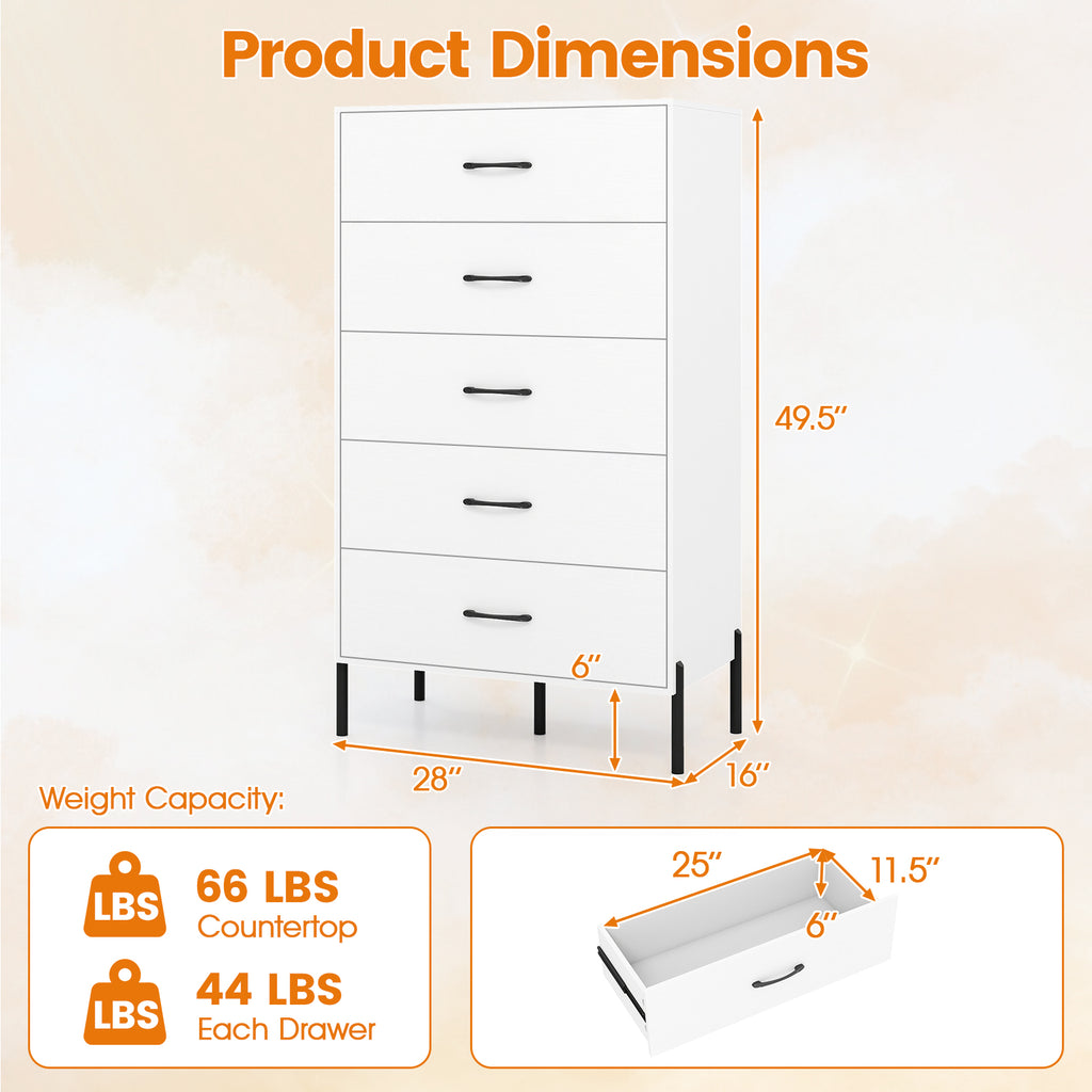 5-Drawer Modern Tall Chest of Drawers, White