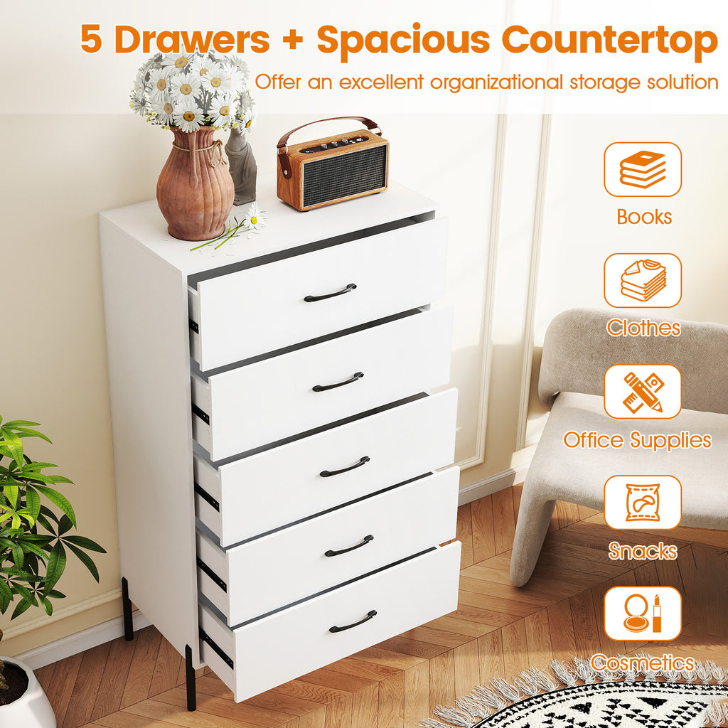 5-Drawer Modern Tall Chest of Drawers, White