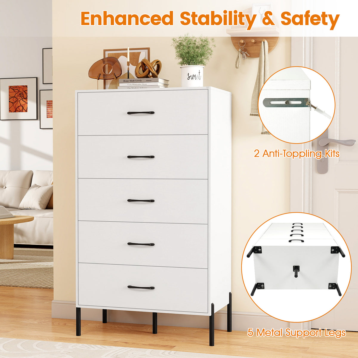 5-Drawer Modern Tall Chest of Drawers, White