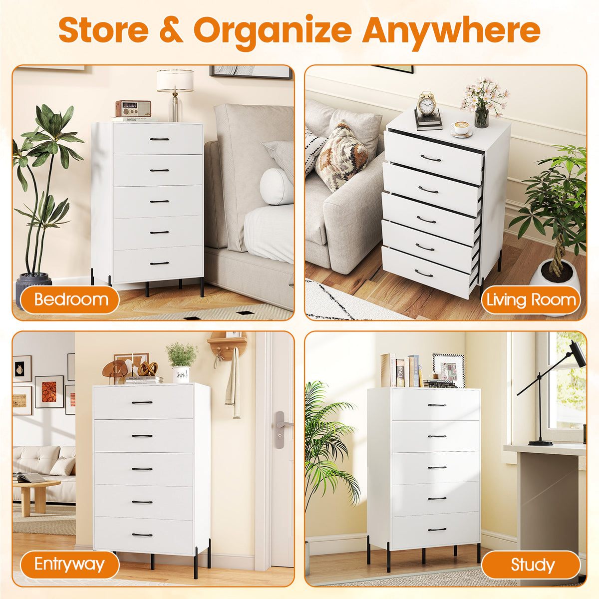 5-Drawer Modern Tall Chest of Drawers, White