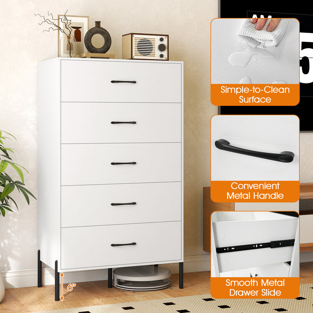 5-Drawer Modern Tall Chest of Drawers, White