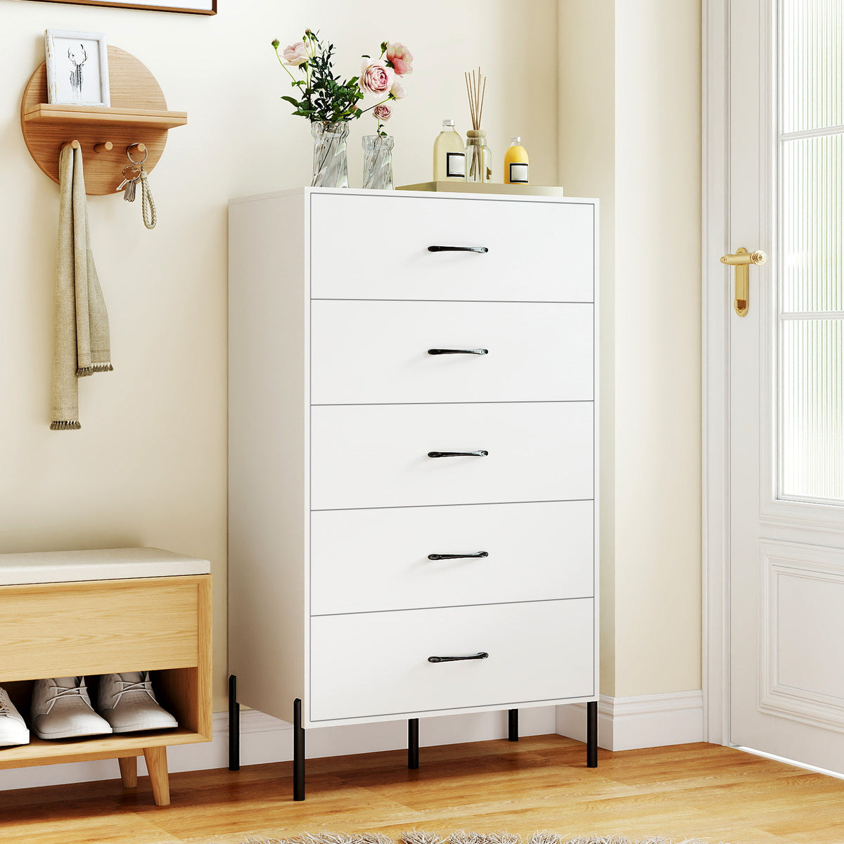 5-Drawer Modern Tall Chest of Drawers, White