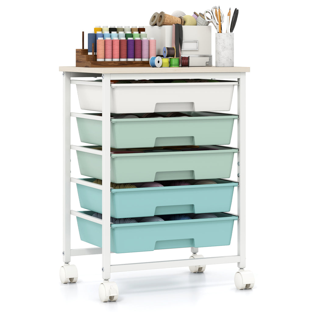 5-Drawer Rolling Cart with Wooden Top - Green Gradient