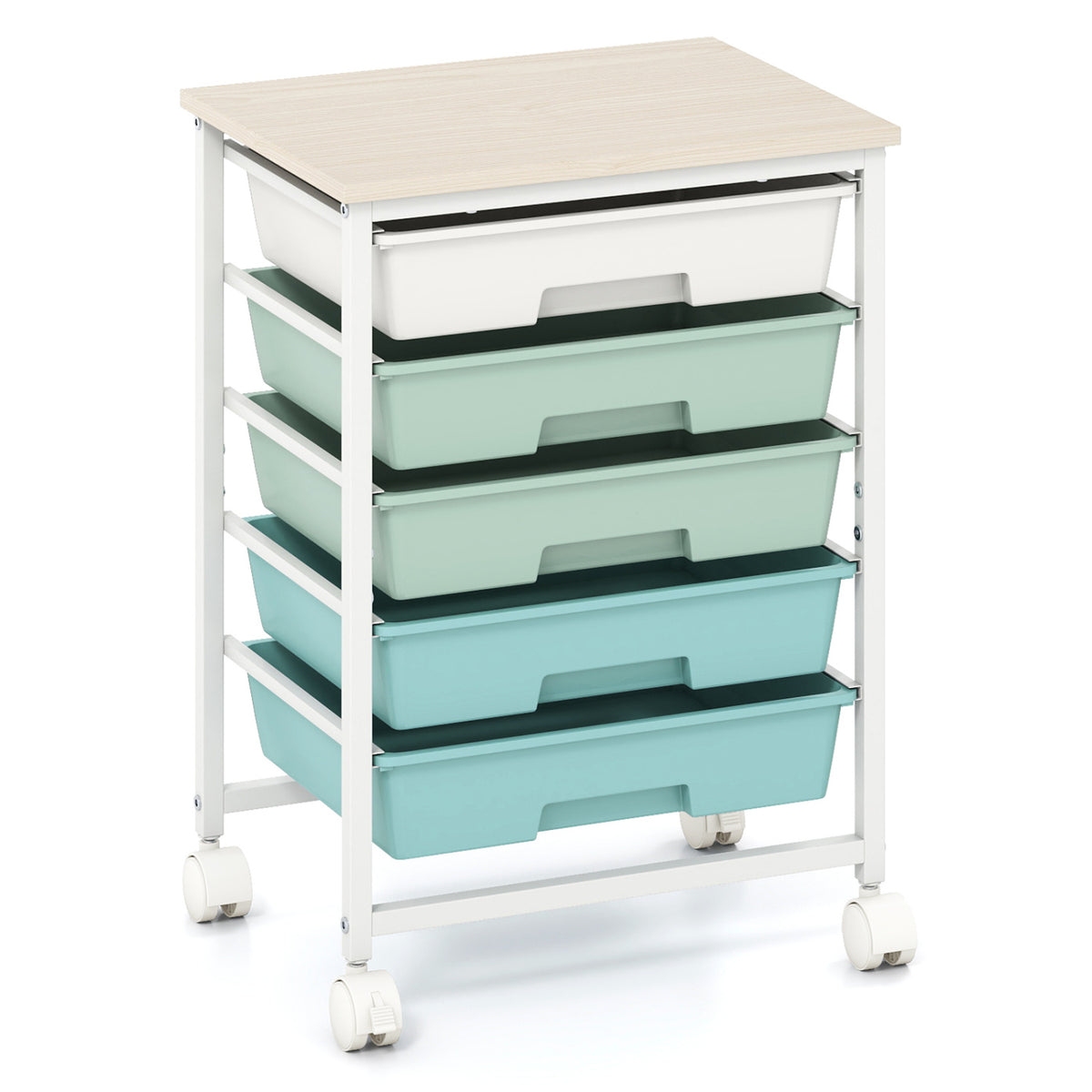 5-Drawer Rolling Cart with Wooden Top - Green Gradient