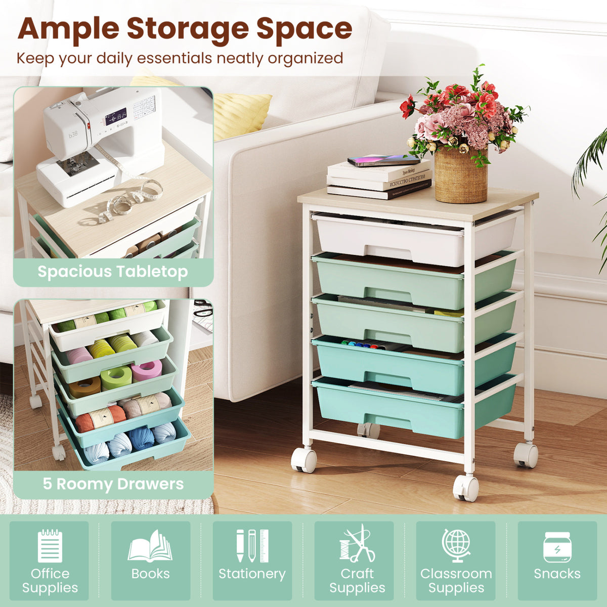 5-Drawer Rolling Cart with Wooden Top - Green Gradient