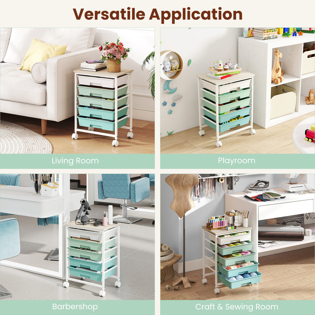 5-Drawer Rolling Cart with Wooden Top - Green Gradient