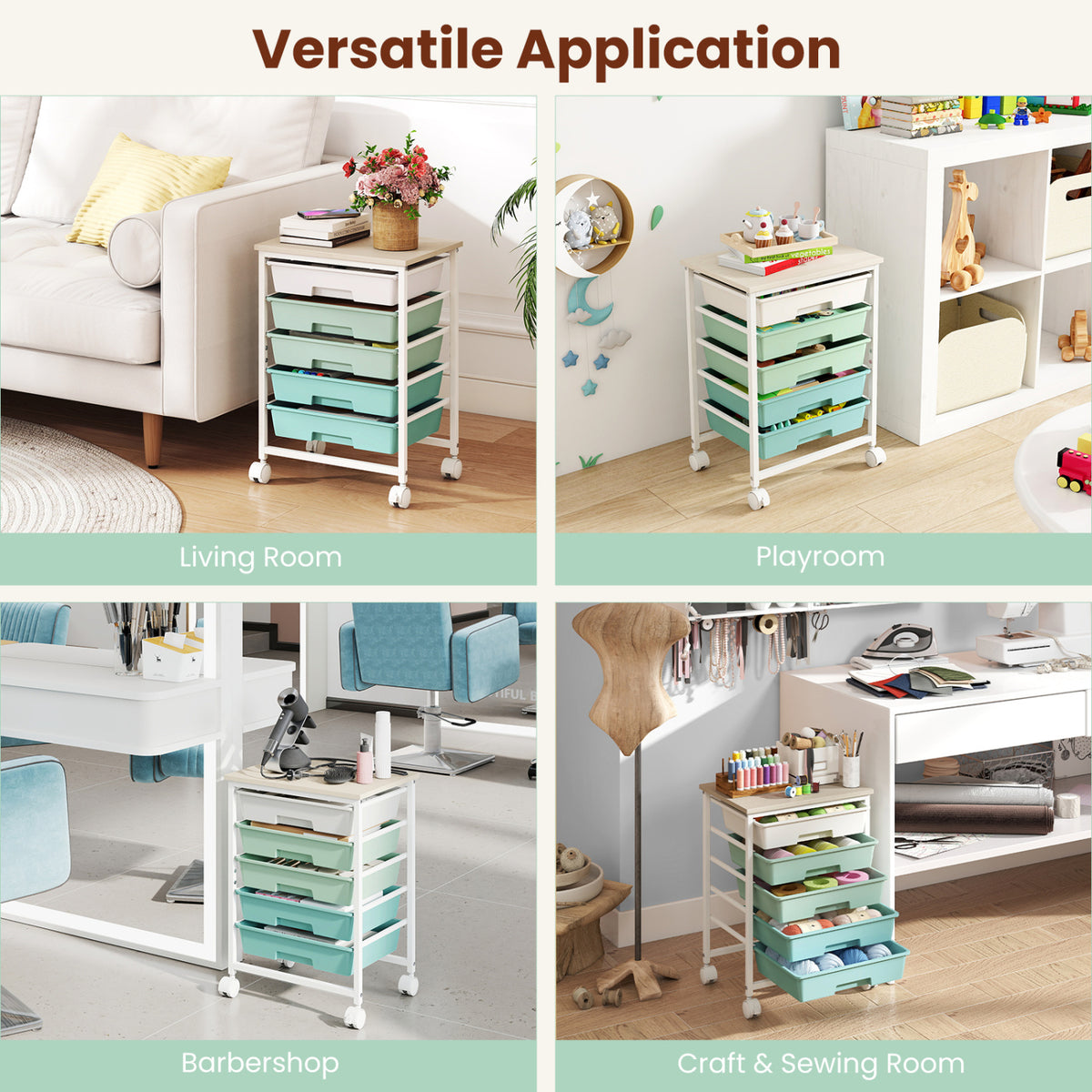 5-Drawer Rolling Cart with Wooden Top - Green Gradient