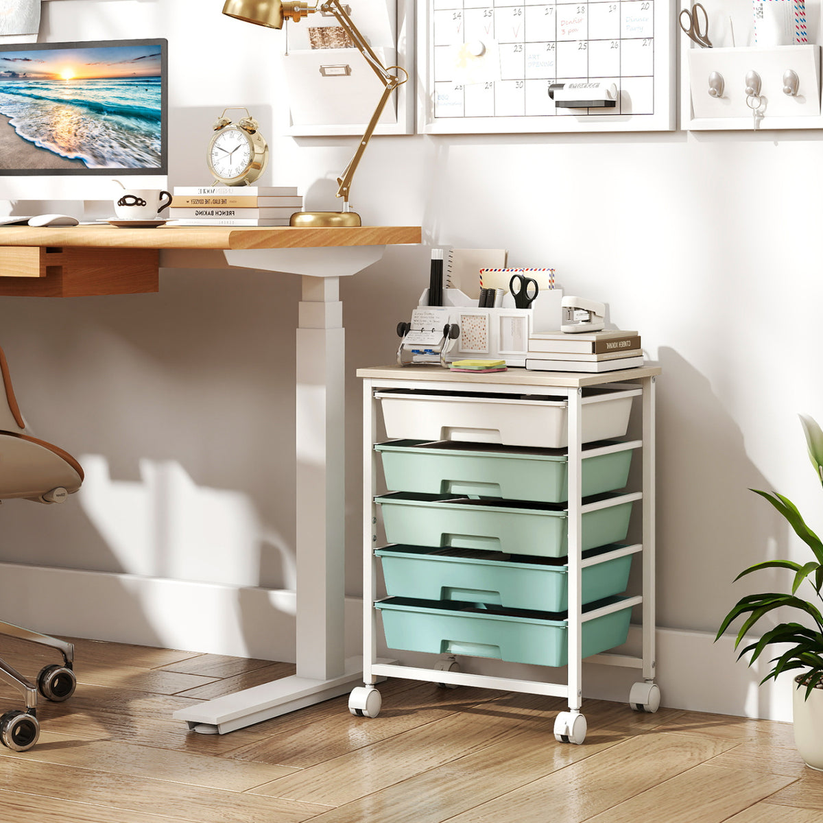 5-Drawer Rolling Cart with Wooden Top - Green Gradient