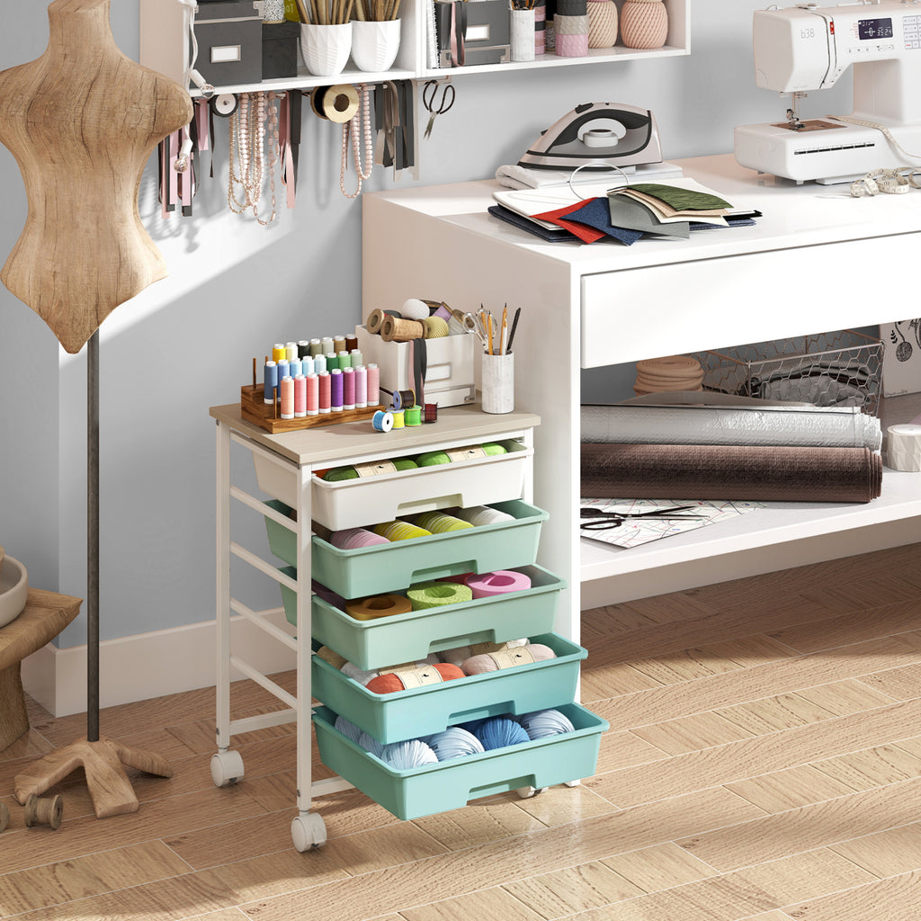 5-Drawer Rolling Cart with Wooden Top - Green Gradient