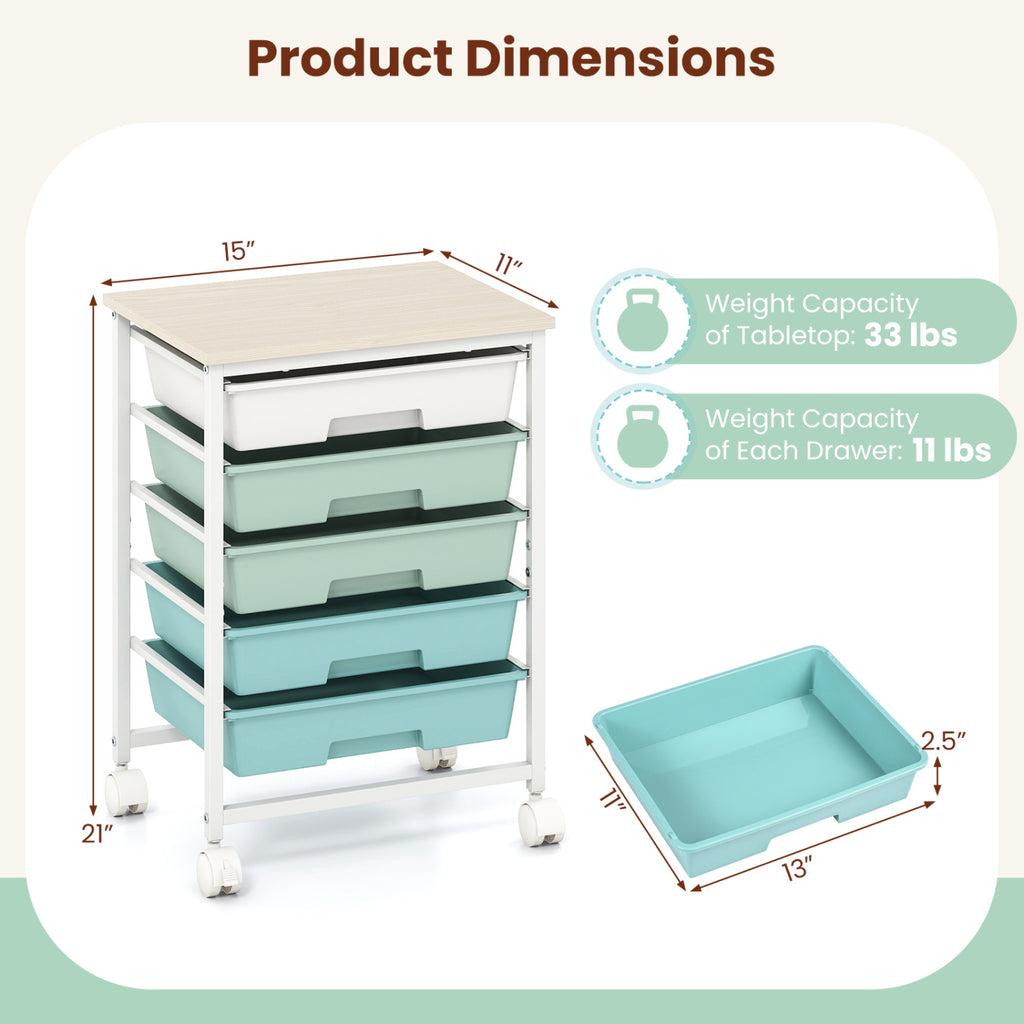 5-Drawer Rolling Cart with Wooden Top - Green Gradient