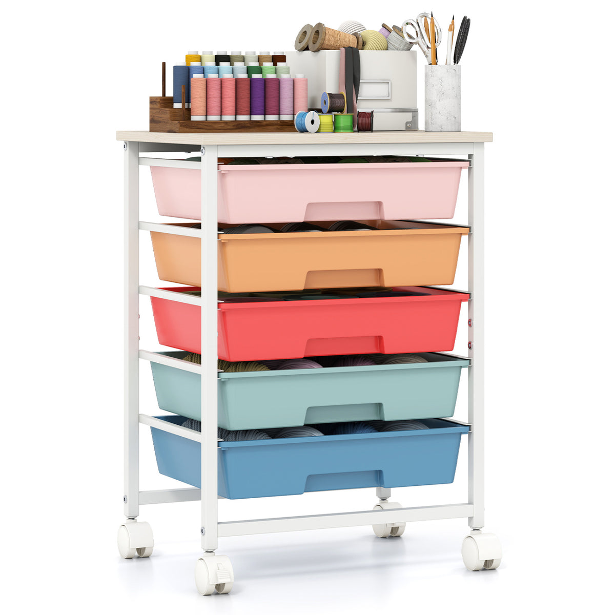 5-Drawer Rolling Cart with Wooden Top - Green Gradient