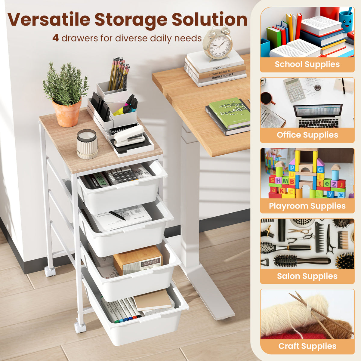 5-Drawer Rolling Storage Cart Mobile Utility Organizer with Wooden
