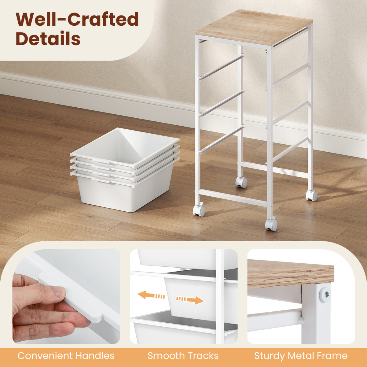 5-Drawer Rolling Storage Cart Mobile Utility Organizer with Wooden