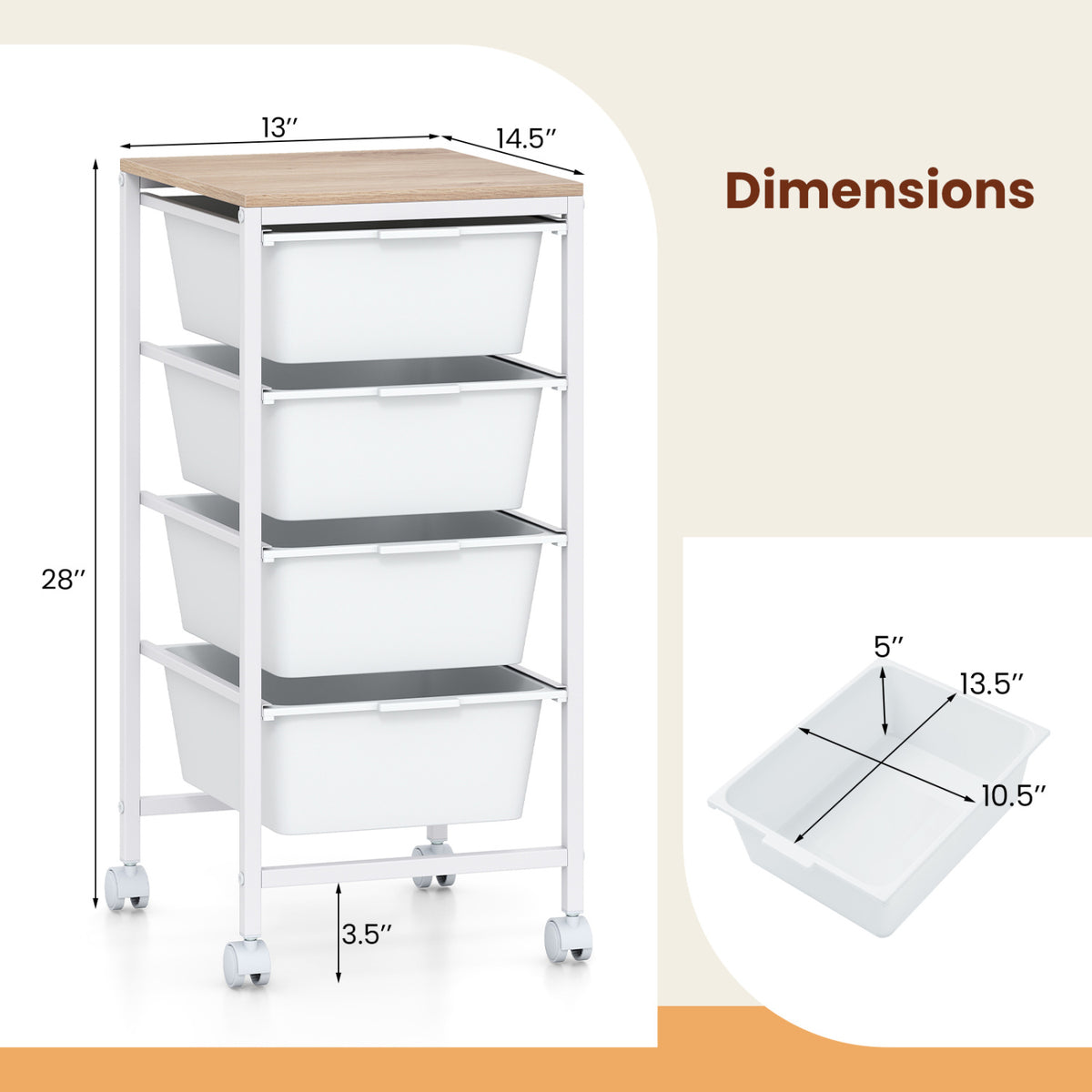 5-Drawer Rolling Storage Cart Mobile Utility Organizer with Wooden