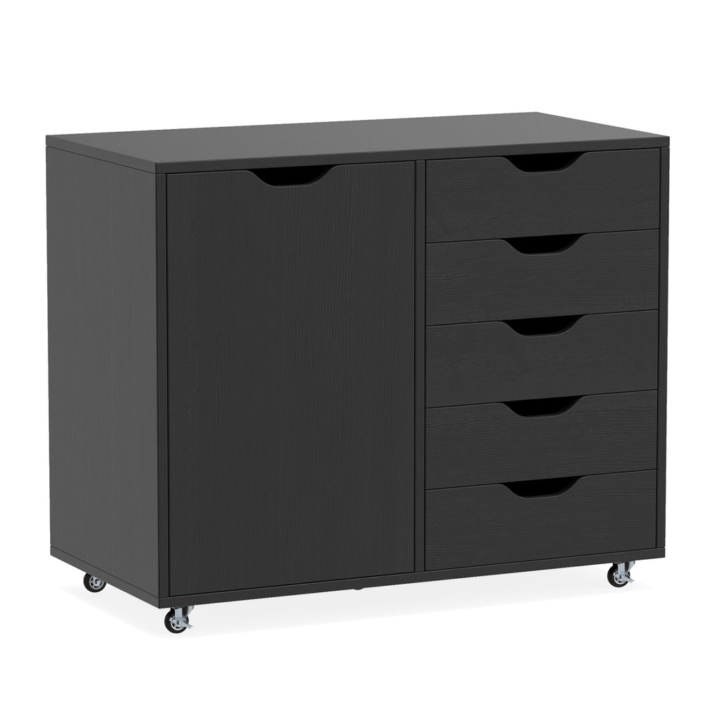 5-Drawer Rolling Storage Cart with Side Cabinet, Black