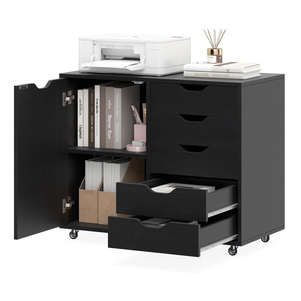 5-Drawer Rolling Storage Cart with Side Cabinet, Black