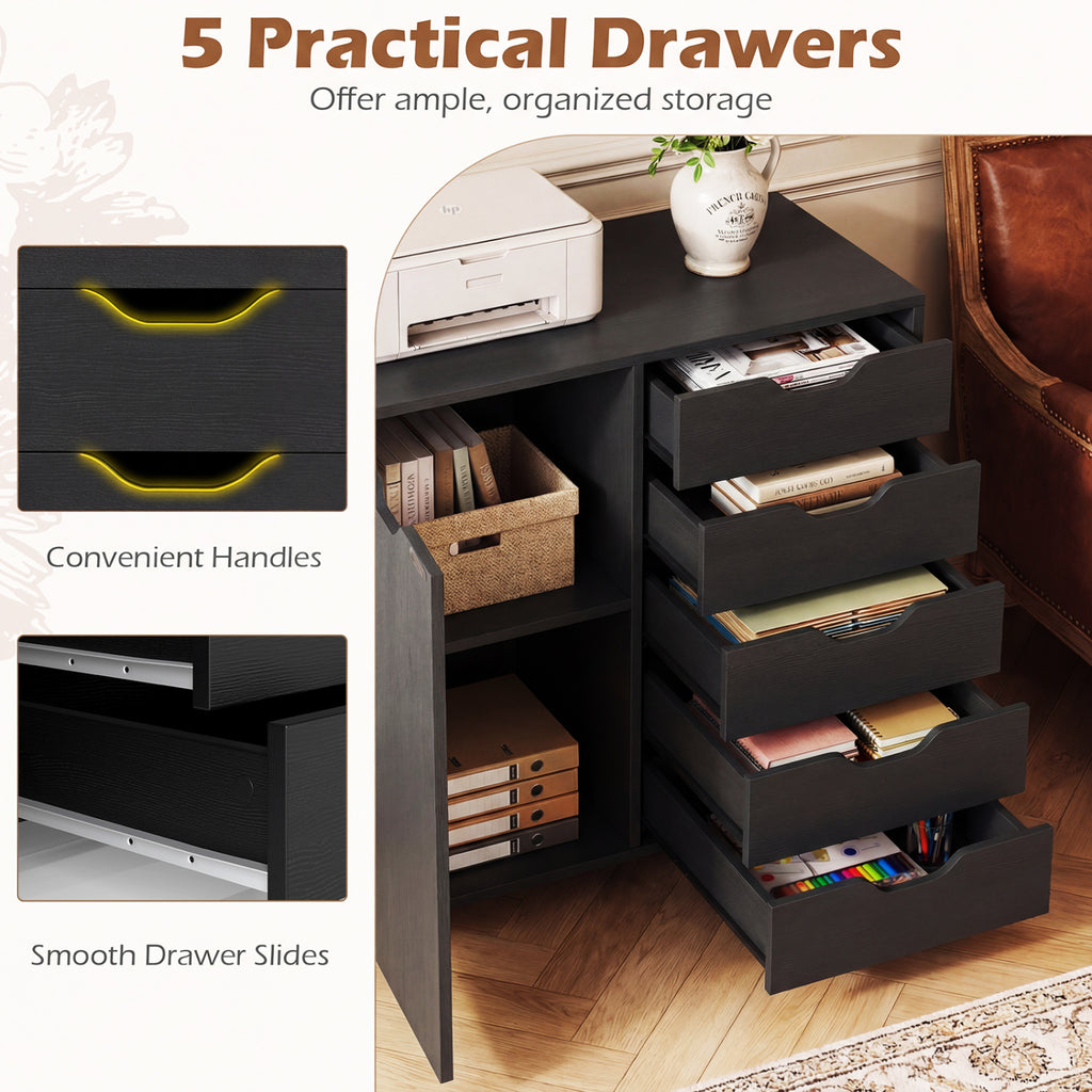 5-Drawer Rolling Storage Cart with Side Cabinet