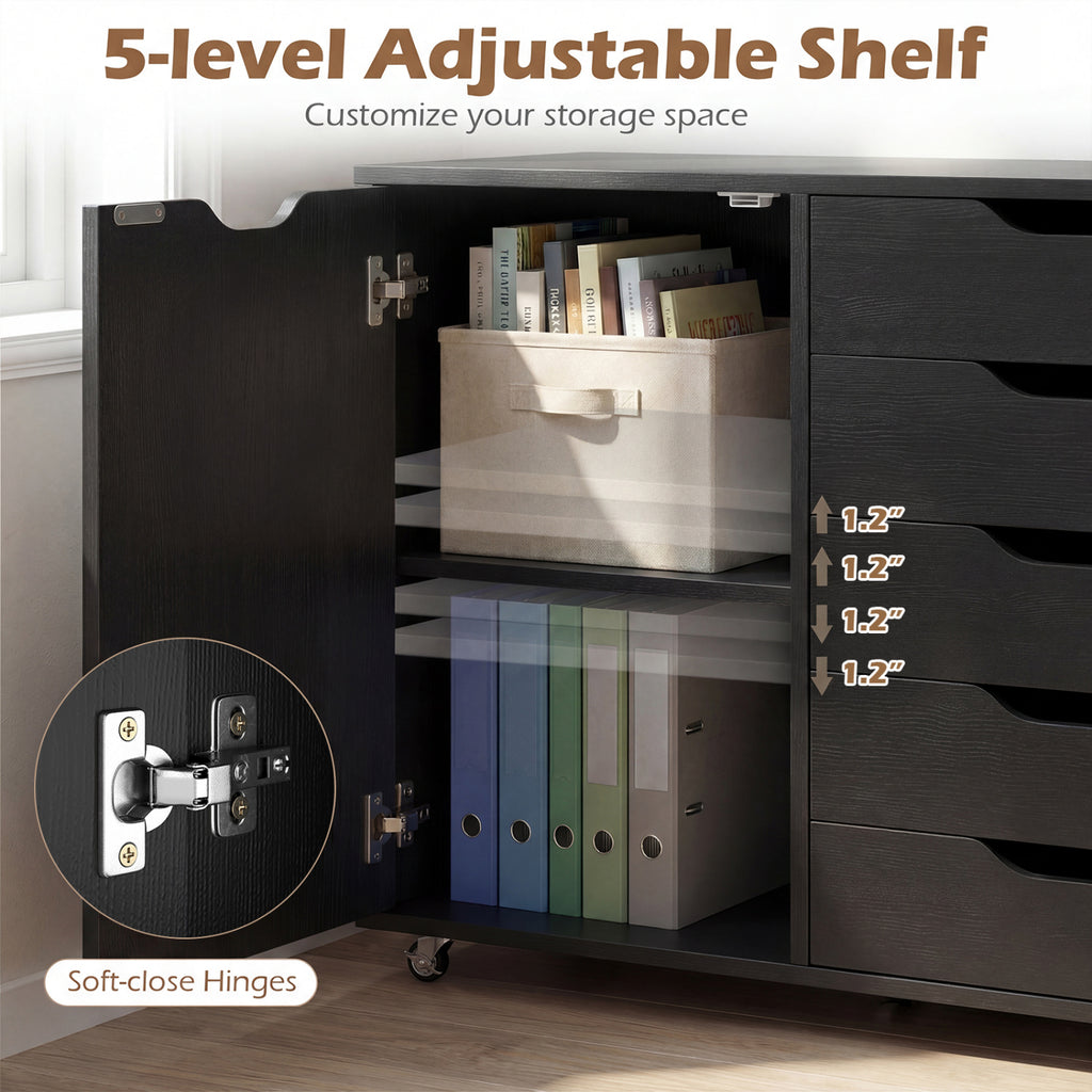 5-Drawer Rolling Storage Cart with Side Cabinet, Black