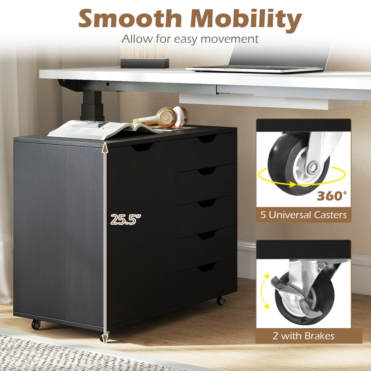 5-Drawer Rolling Storage Cart with Side Cabinet, Black