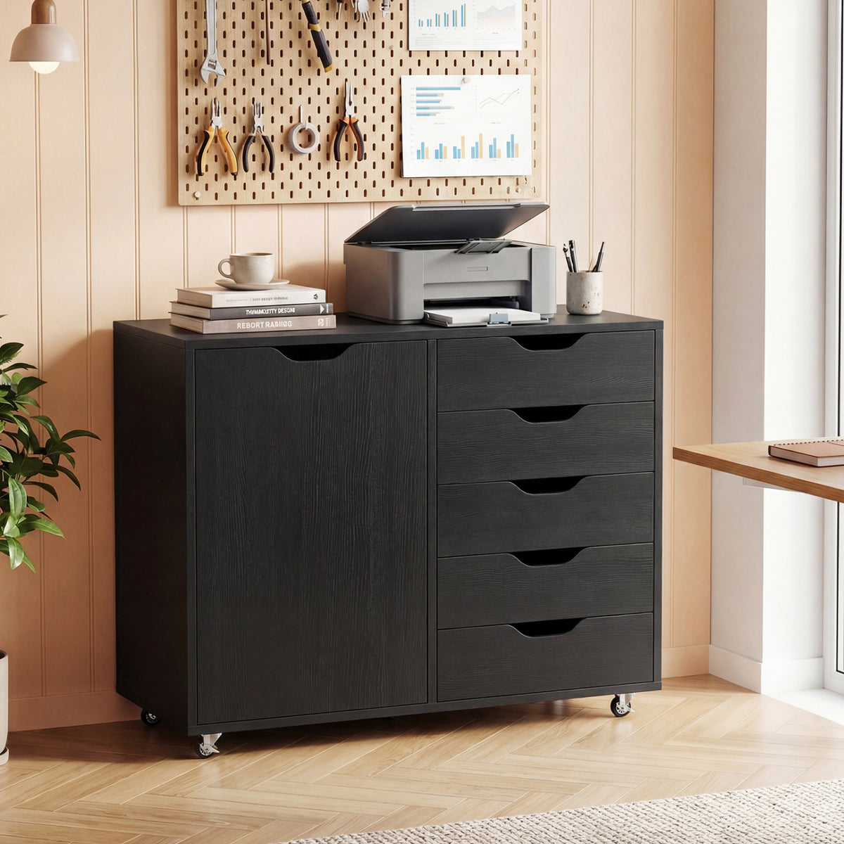 5-Drawer Rolling Storage Cart with Side Cabinet, Black