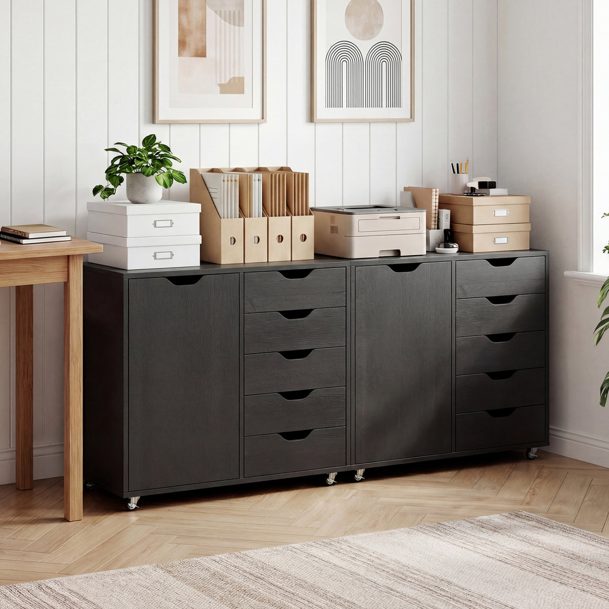 5-Drawer Rolling Storage Cart with Side Cabinet, Black