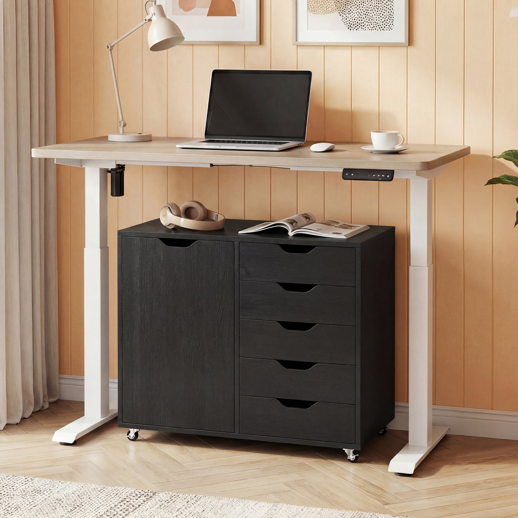 5-Drawer Rolling Storage Cart with Side Cabinet, Black