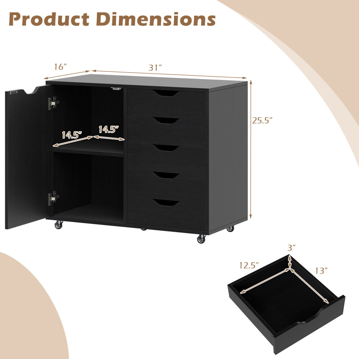 5-Drawer Rolling Storage Cart with Side Cabinet, Black