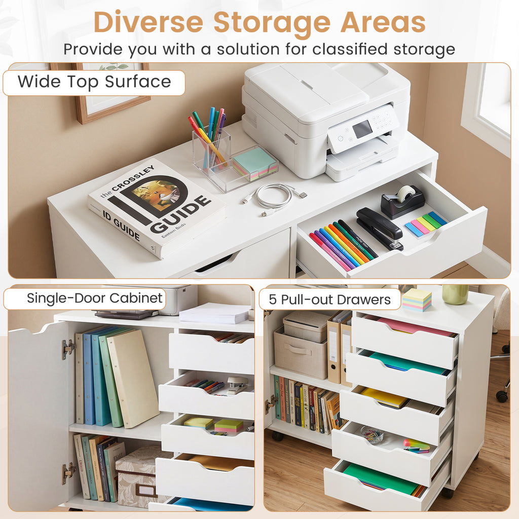 5 Drawer Storage Cabinet on Wheels - White