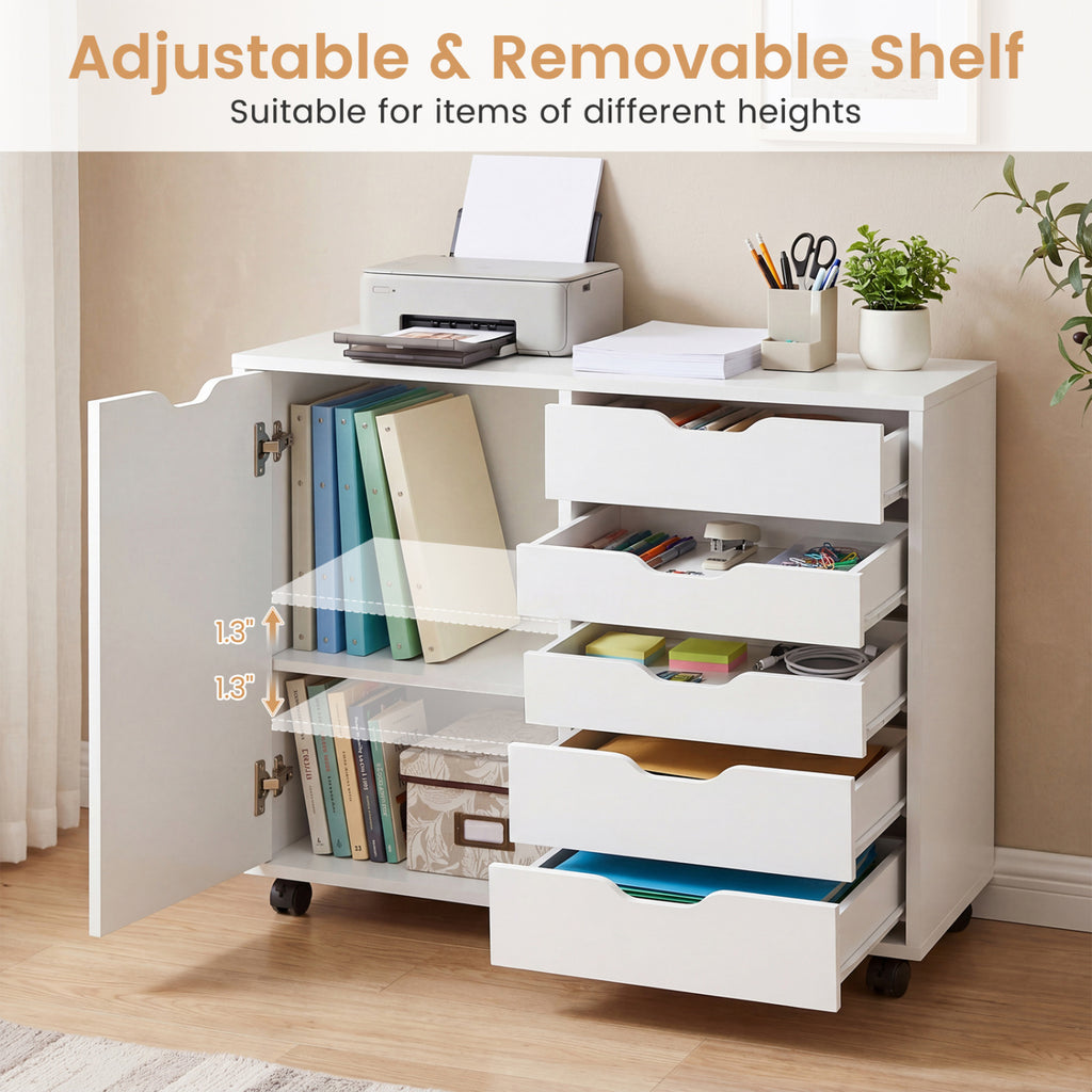 5 Drawer Storage Cabinet on Wheels - White