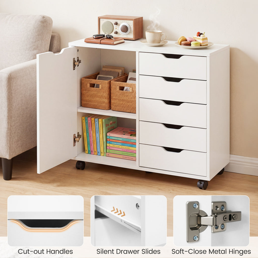 5 Drawer Storage Cabinet on Wheels - White