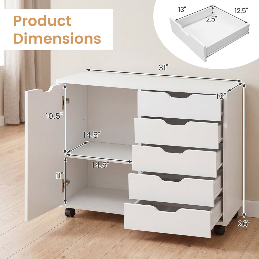 5 Drawer Storage Cabinet on Wheels - White