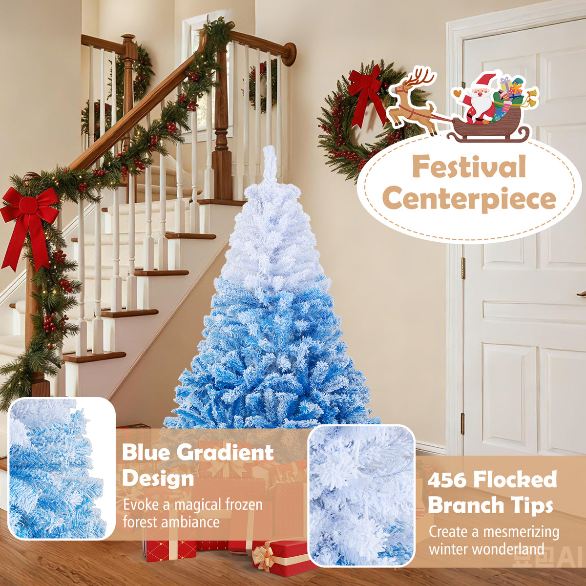 Blue 5 Ft Artificial Christmas Tree with Warm White LED Lights & 8 Modes - Costway