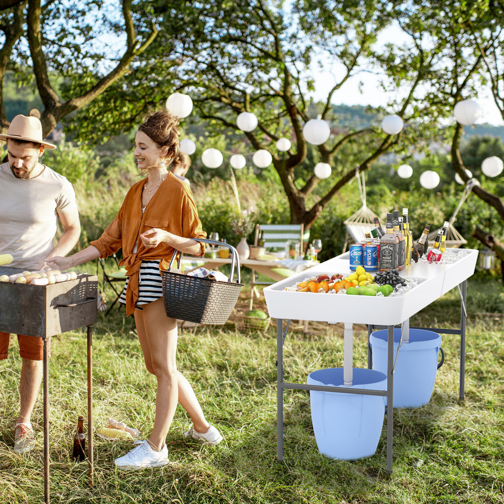 5 FT Folding Ice Cooler Table with Double Sinks - White