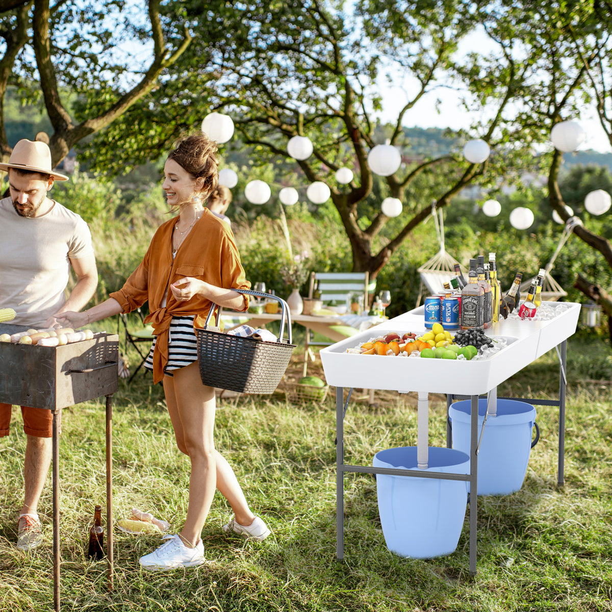 5 FT Folding Ice Cooler Table with Double Sinks - White