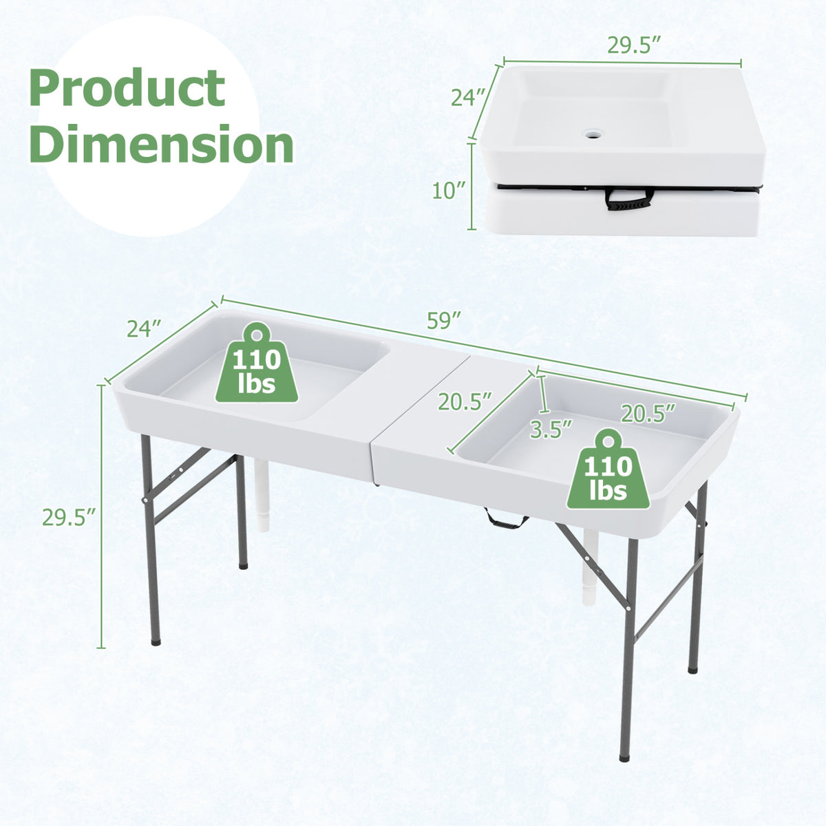 5 FT Folding Ice Cooler Table with Double Sinks - White