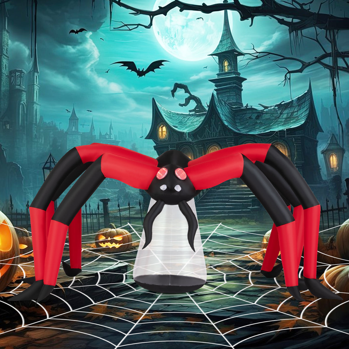 Halloween Inflatable Spider with Red Tunnel Light Eyes 10ft Yard Decoration